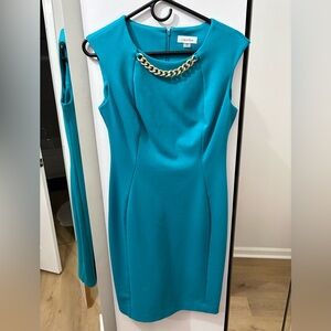 Calvin Klein Teal Sheath Dress with Gold Chain Accent